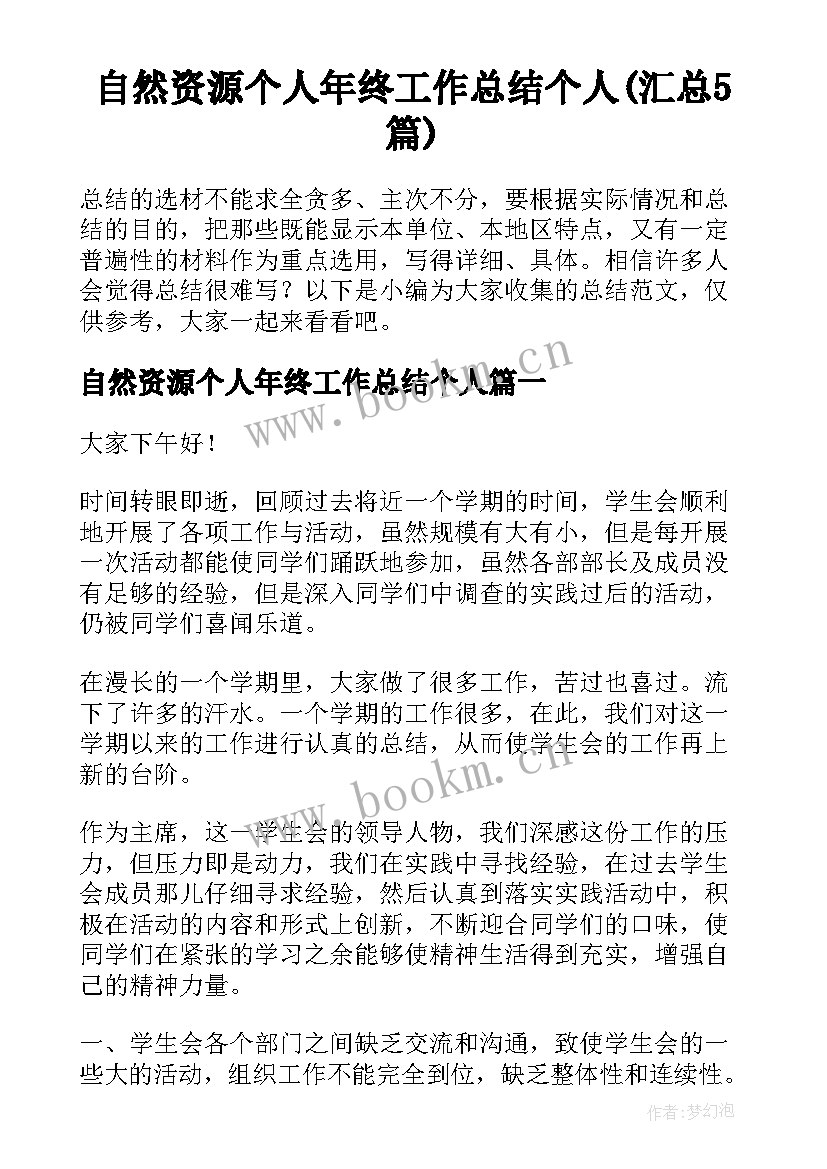 自然资源个人年终工作总结个人(汇总5篇)