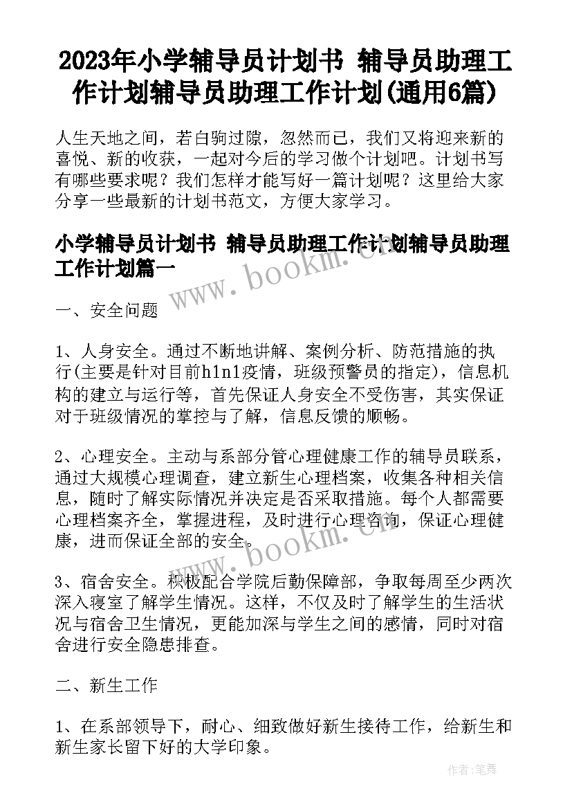 2023年小学辅导员计划书 辅导员助理工作计划辅导员助理工作计划(通用6篇)