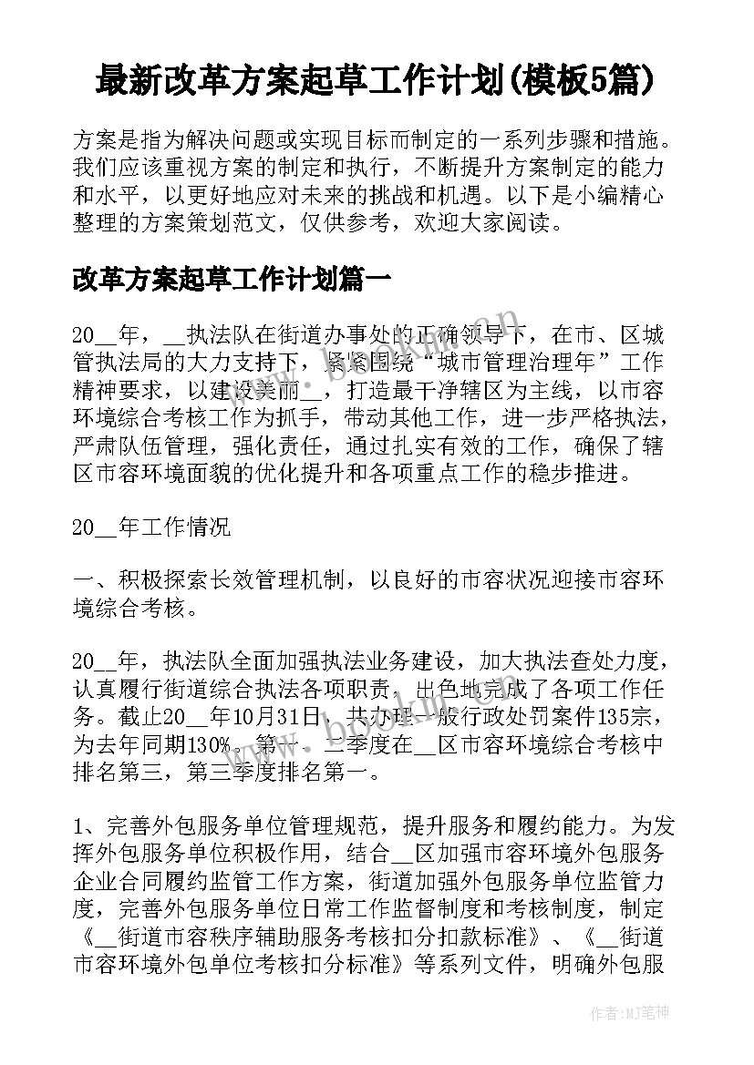 最新改革方案起草工作计划(模板5篇)