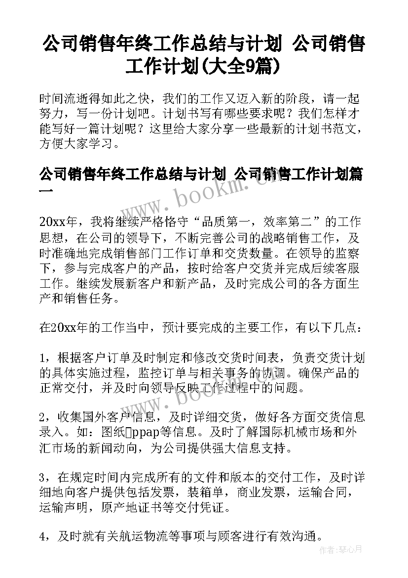 公司销售年终工作总结与计划 公司销售工作计划(大全9篇)