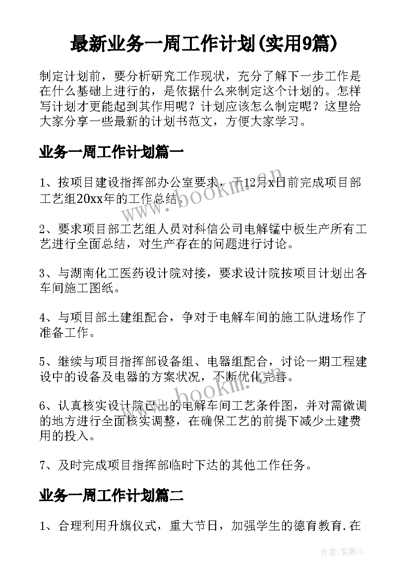 最新业务一周工作计划(实用9篇)