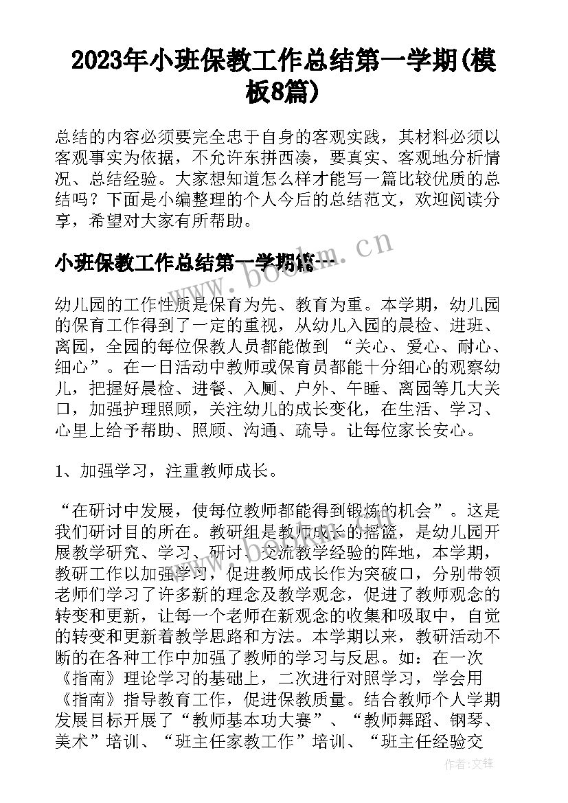 2023年小班保教工作总结第一学期(模板8篇)