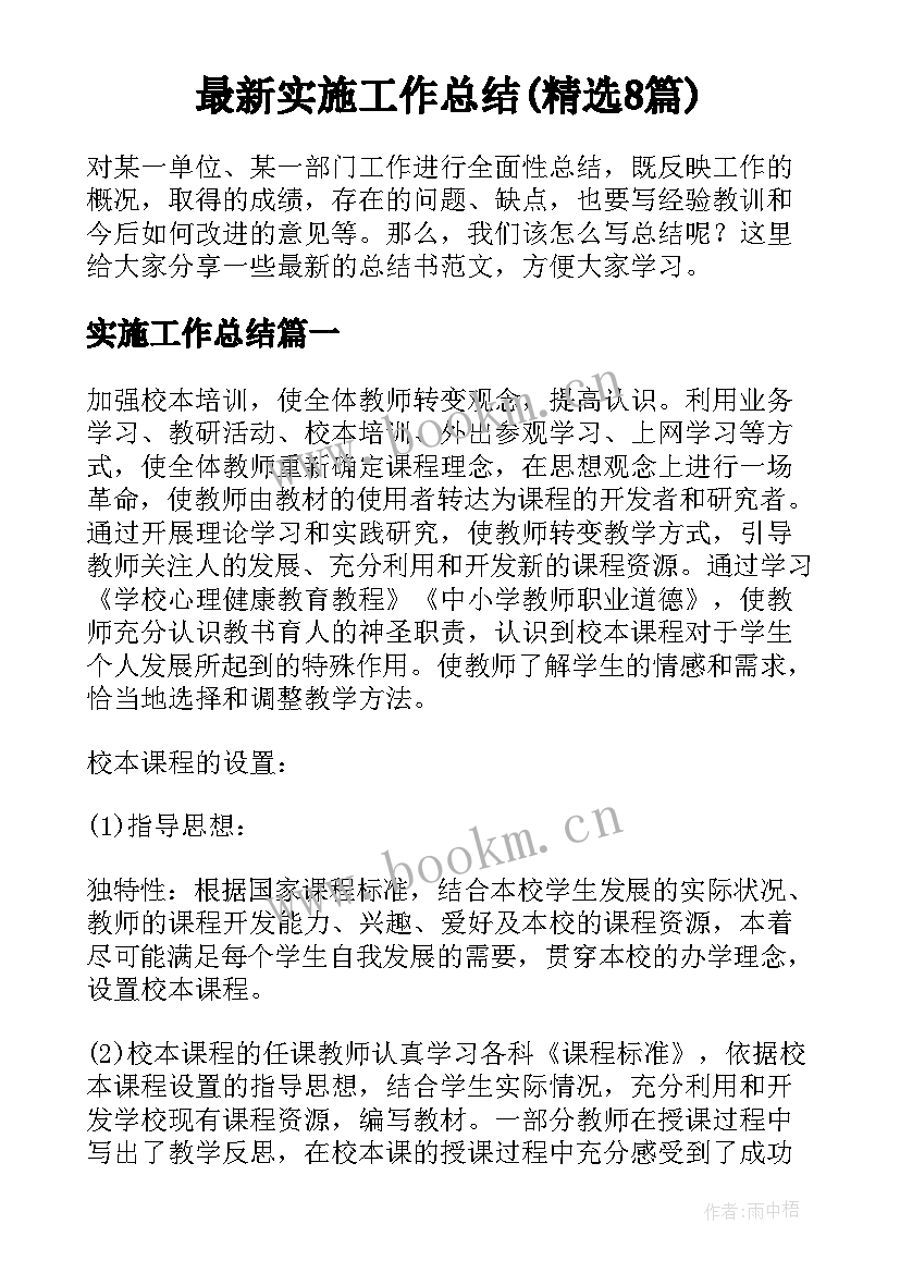 最新实施工作总结(精选8篇)