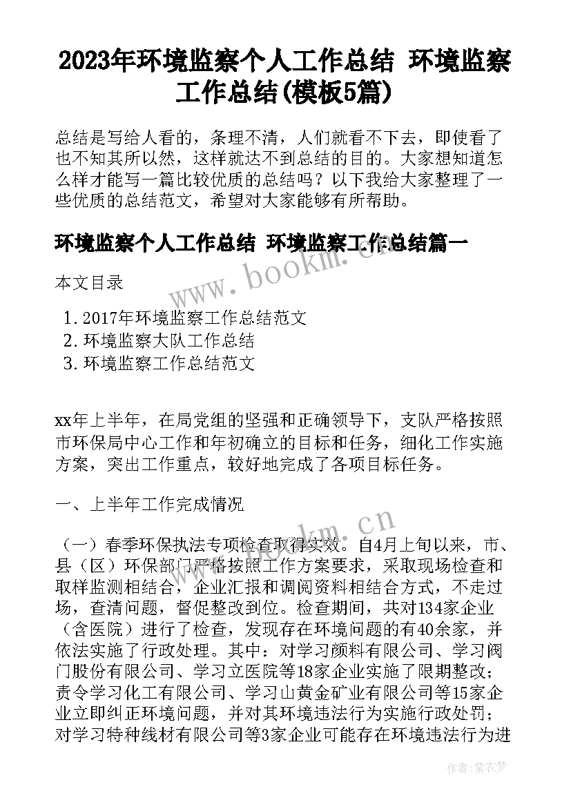 2023年环境监察个人工作总结 环境监察工作总结(模板5篇)