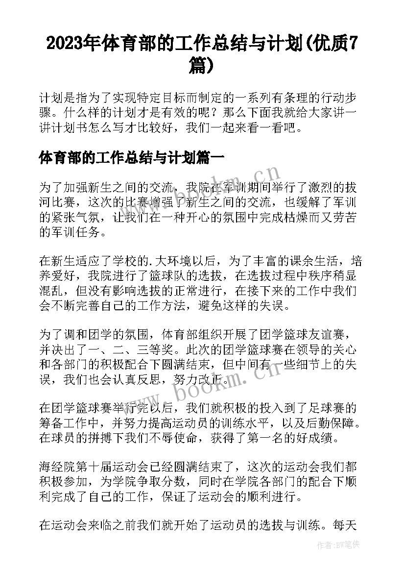 2023年体育部的工作总结与计划(优质7篇)