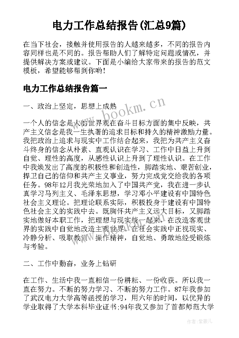 电力工作总结报告(汇总9篇)