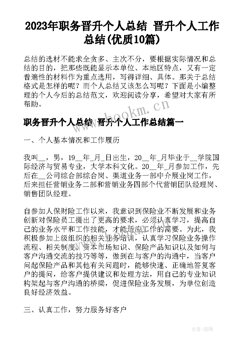 2023年职务晋升个人总结 晋升个人工作总结(优质10篇)