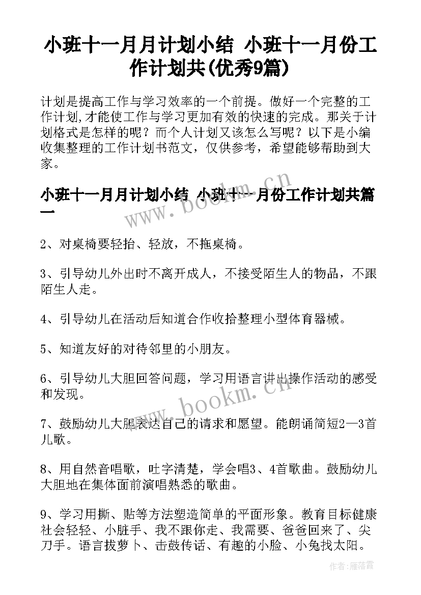 小班十一月月计划小结 小班十一月份工作计划共(优秀9篇)