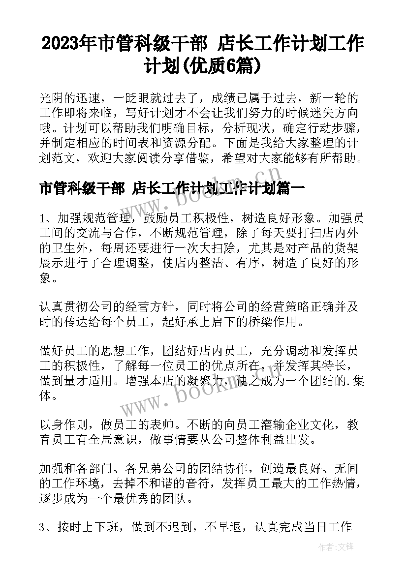 2023年市管科级干部 店长工作计划工作计划(优质6篇)