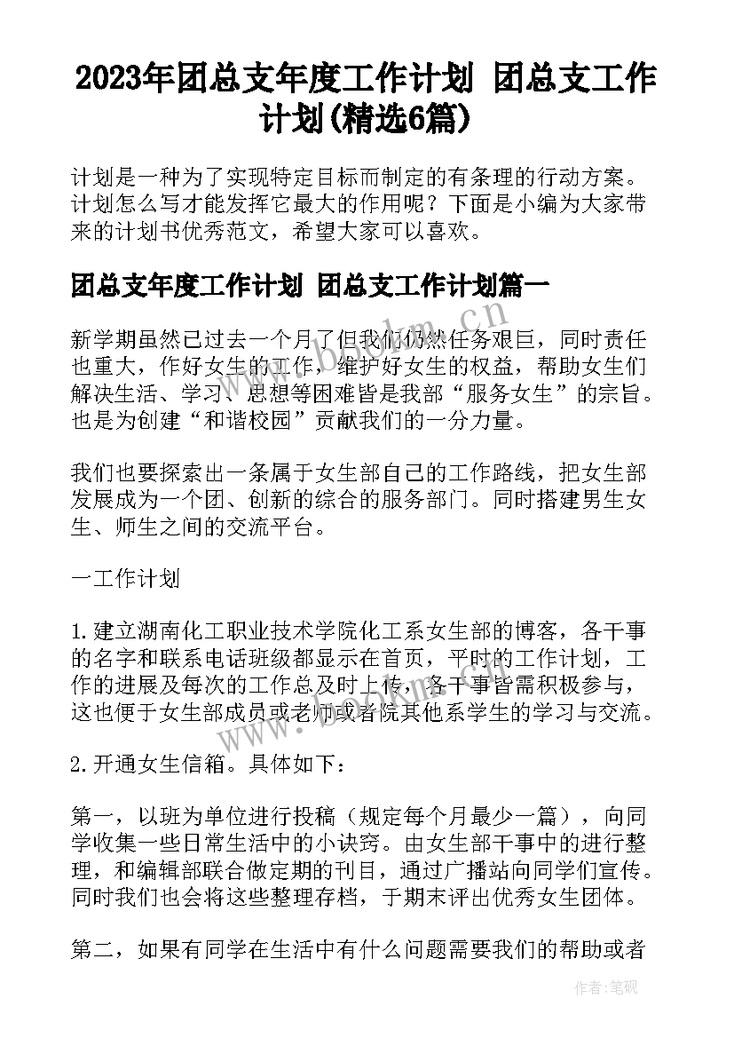 2023年团总支年度工作计划 团总支工作计划(精选6篇)