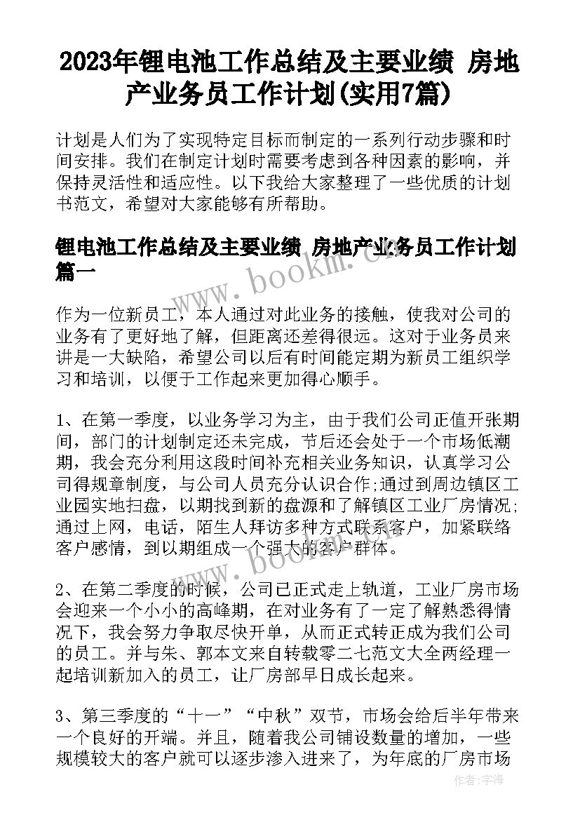 2023年锂电池工作总结及主要业绩 房地产业务员工作计划(实用7篇)