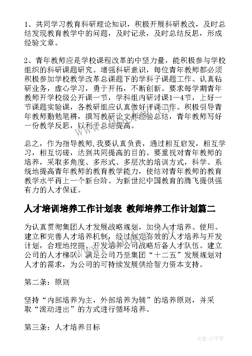 最新人才培训培养工作计划表 教师培养工作计划(大全6篇)