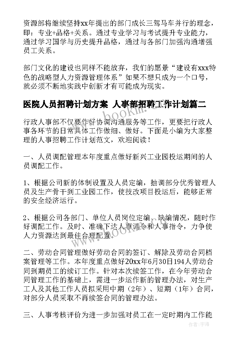 2023年医院人员招聘计划方案 人事部招聘工作计划(实用5篇)