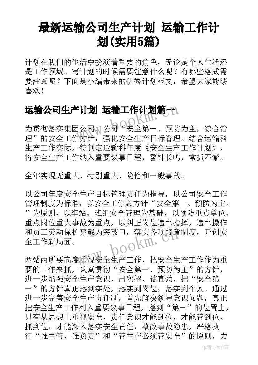 最新运输公司生产计划 运输工作计划(实用5篇)