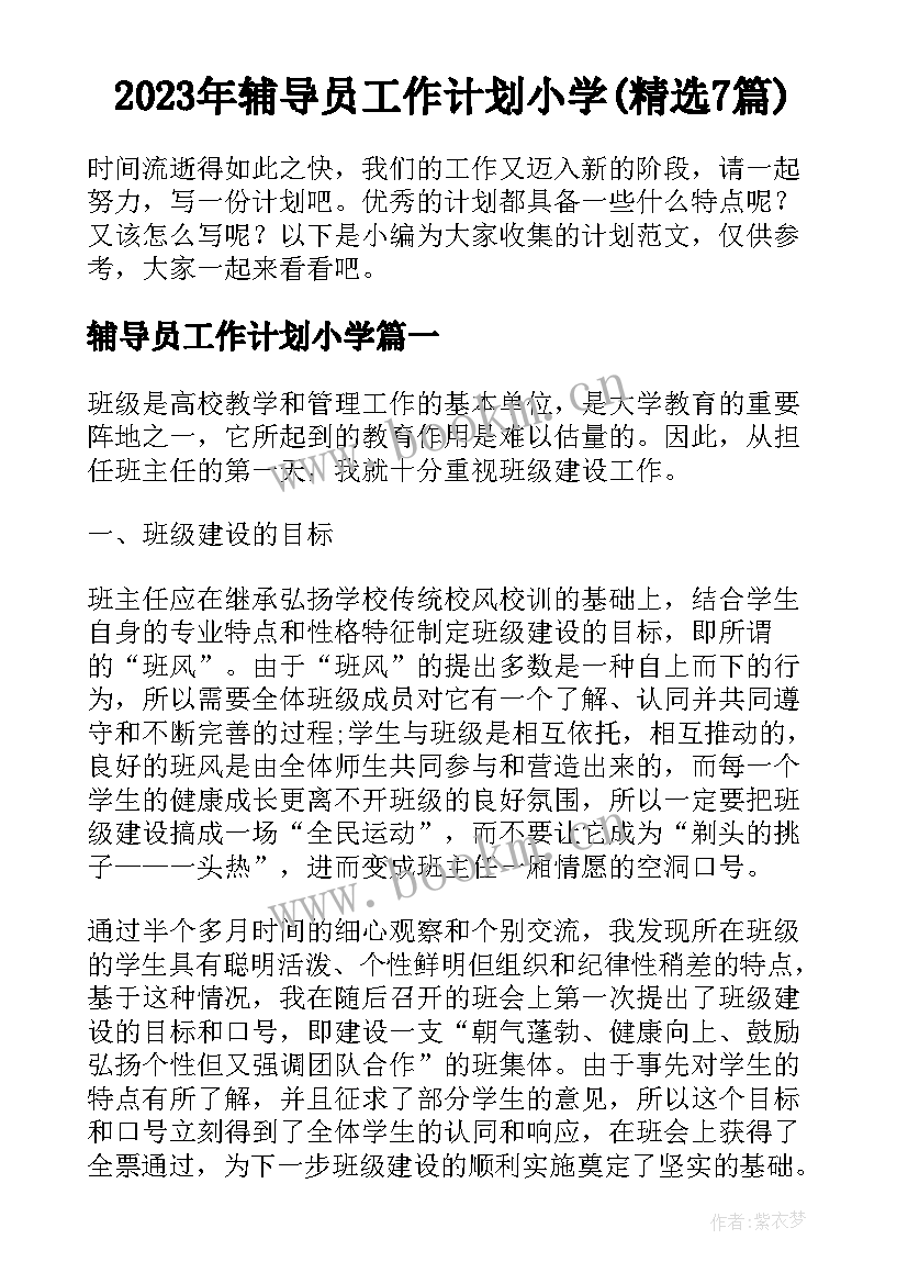 2023年辅导员工作计划小学(精选7篇)