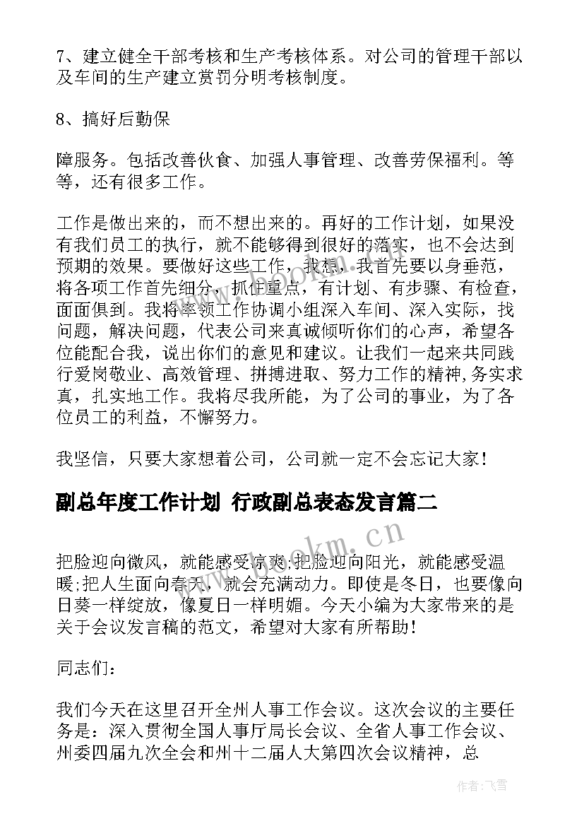 最新副总年度工作计划 行政副总表态发言(实用5篇)