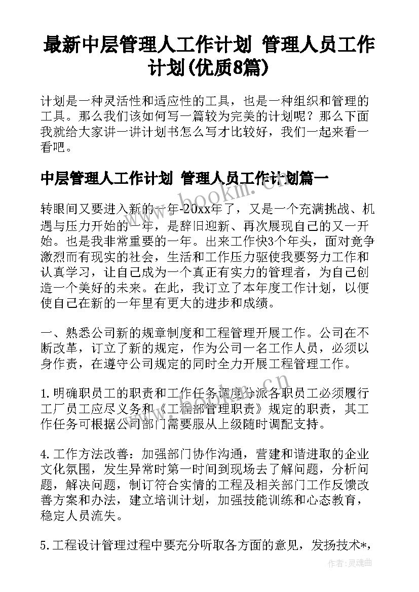 最新中层管理人工作计划 管理人员工作计划(优质8篇)