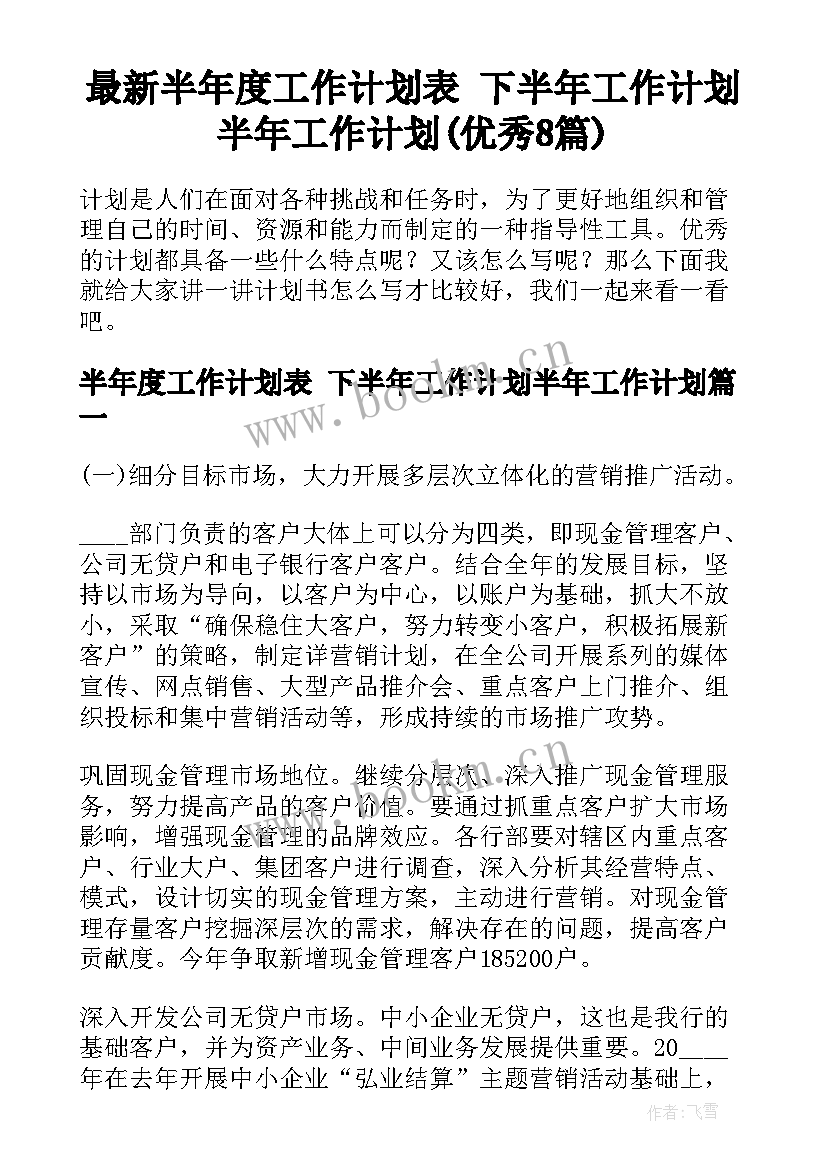 最新半年度工作计划表 下半年工作计划半年工作计划(优秀8篇)