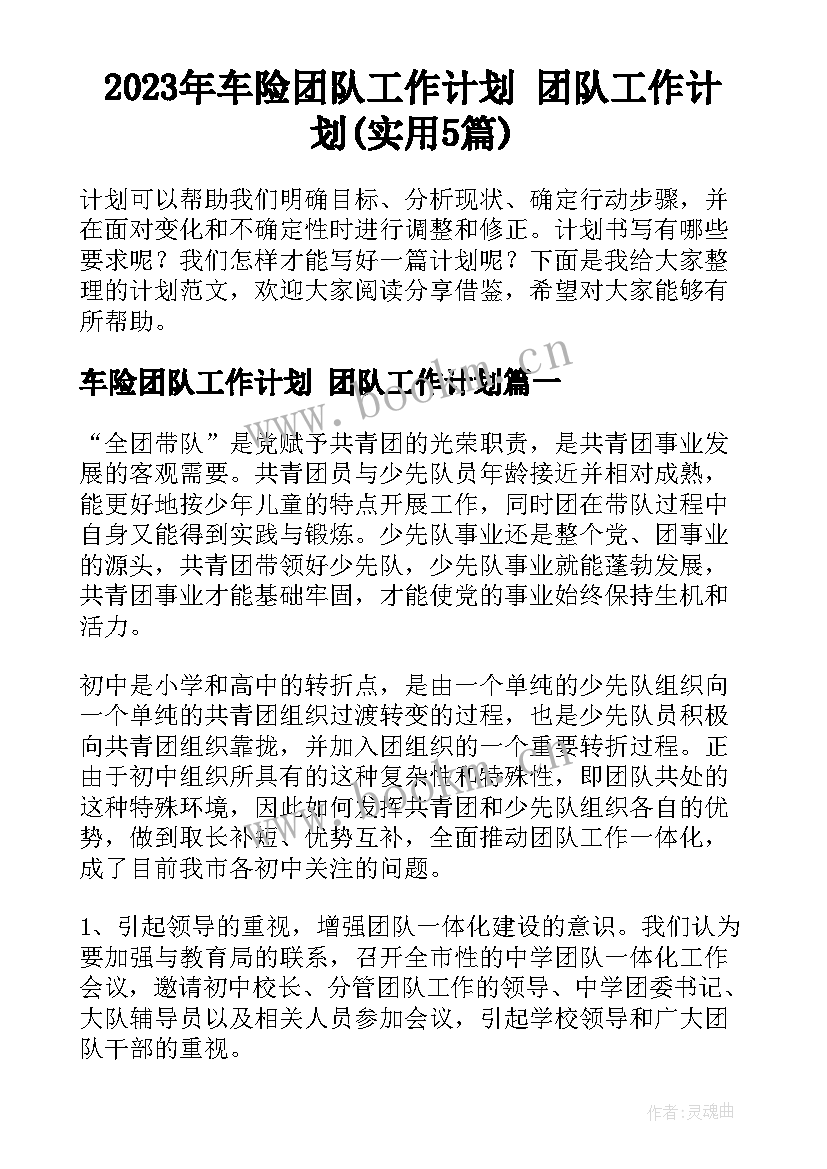 2023年车险团队工作计划 团队工作计划(实用5篇)