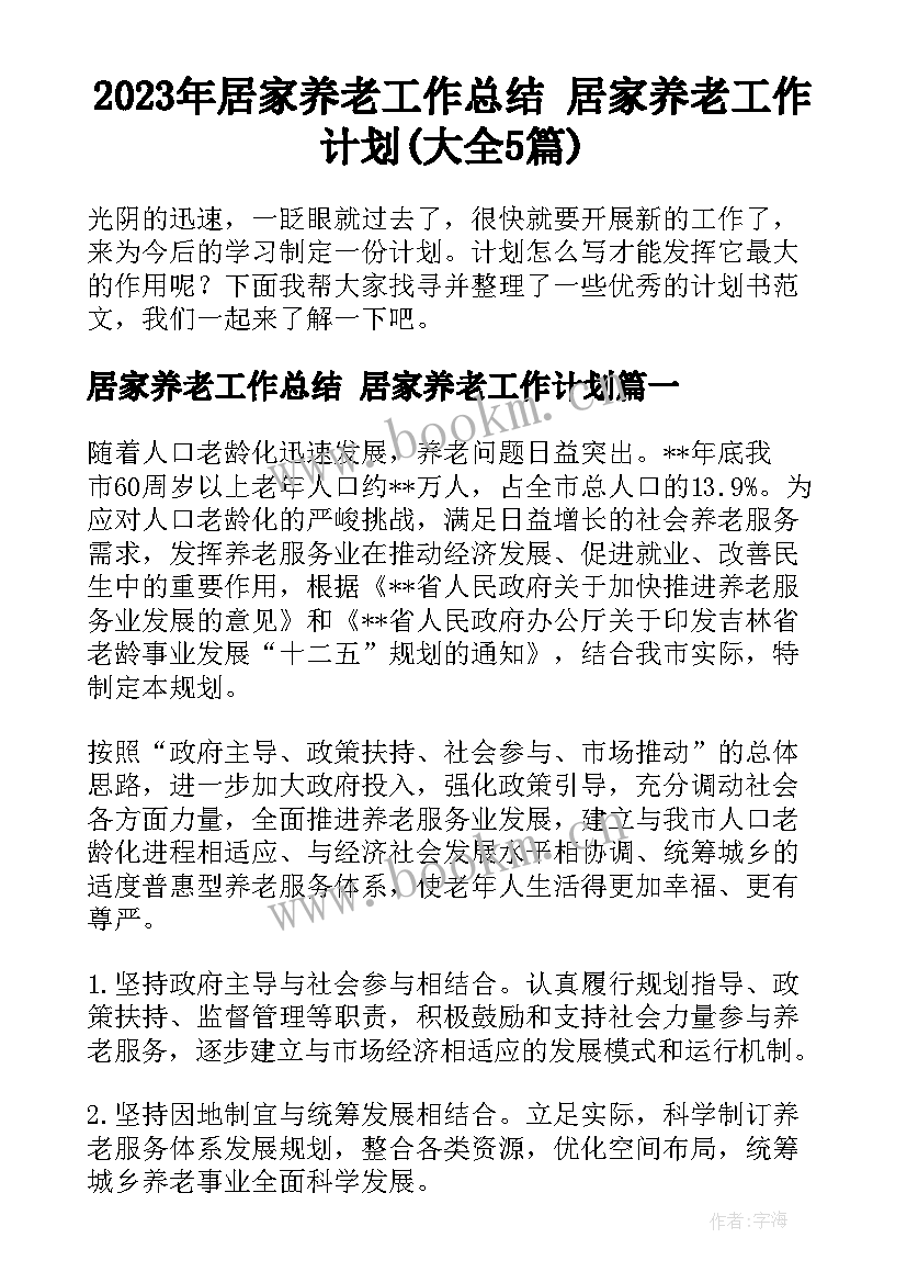 2023年居家养老工作总结 居家养老工作计划(大全5篇)