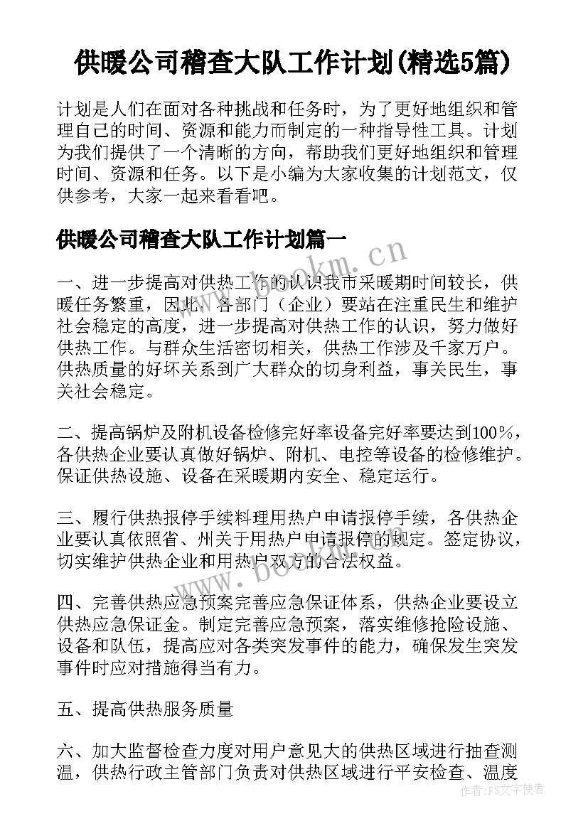 供暖公司稽查大队工作计划(精选5篇)