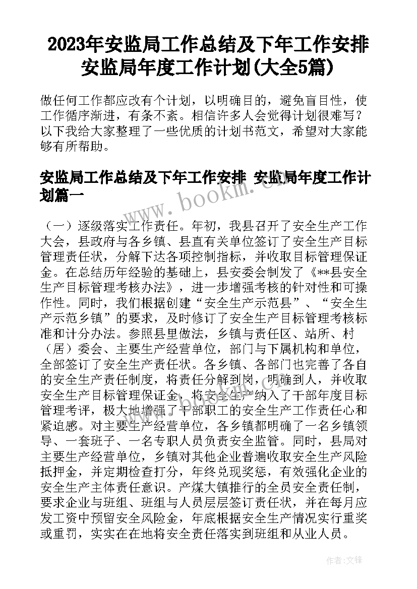 2023年安监局工作总结及下年工作安排 安监局年度工作计划(大全5篇)