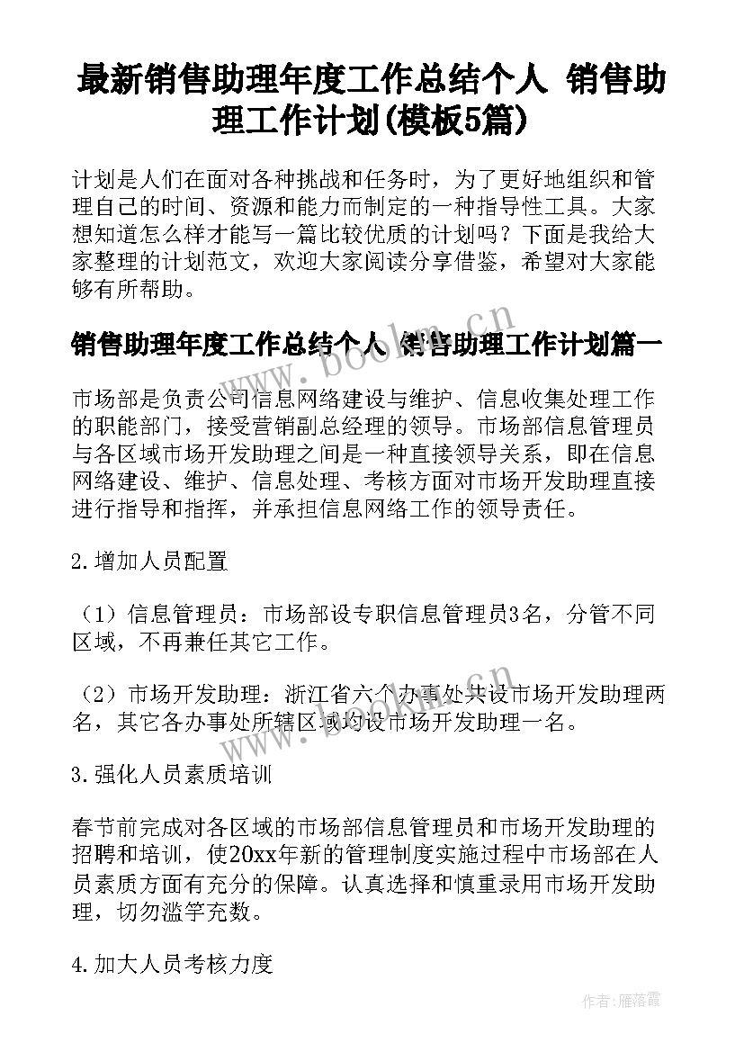 最新销售助理年度工作总结个人 销售助理工作计划(模板5篇)