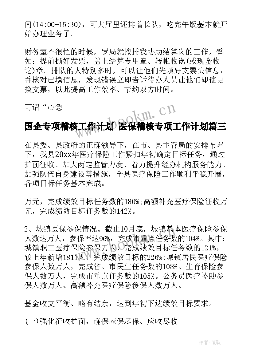 最新国企专项稽核工作计划 医保稽核专项工作计划(实用5篇)