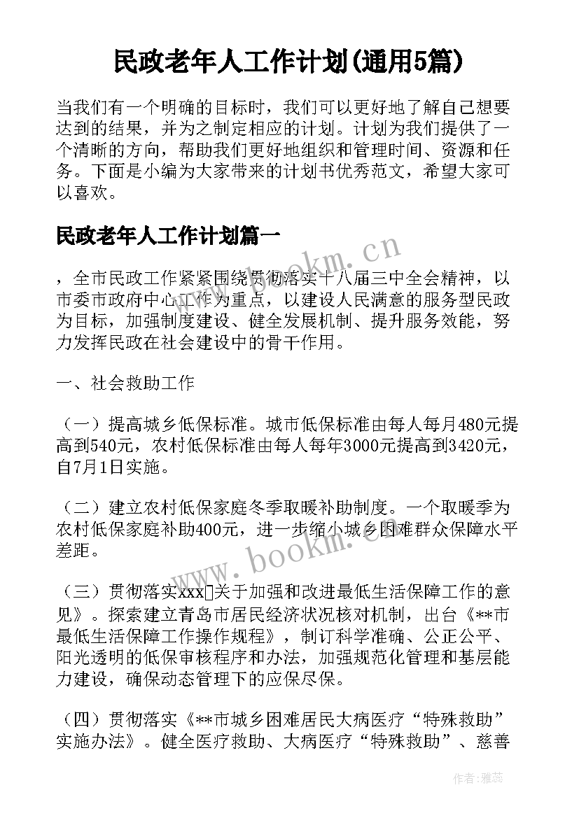 民政老年人工作计划(通用5篇)