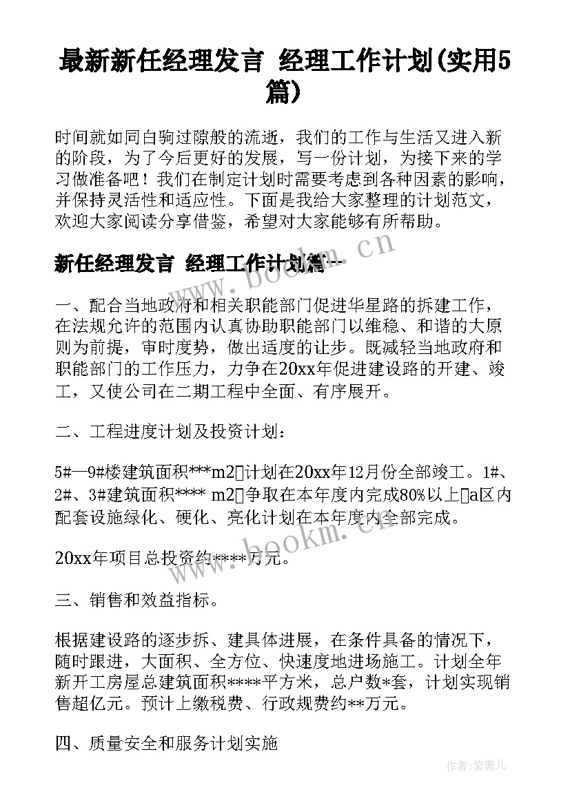 最新新任经理发言 经理工作计划(实用5篇)