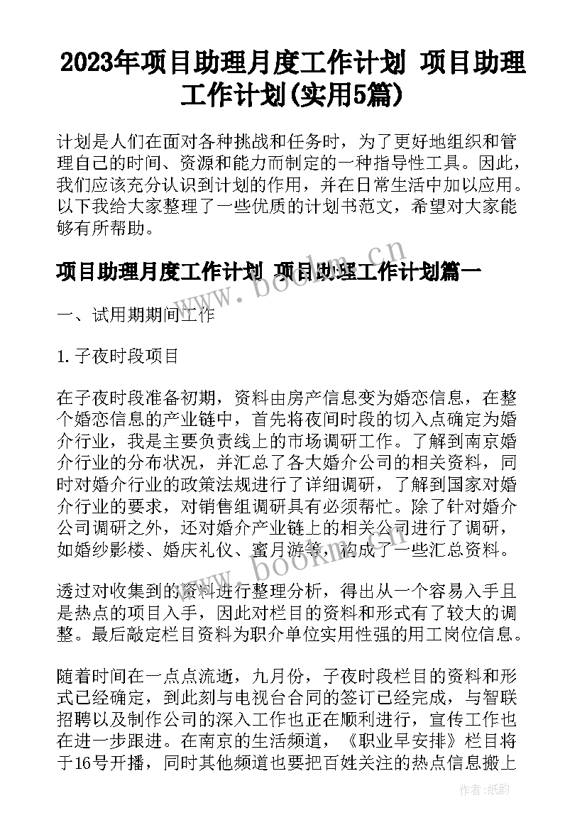 2023年项目助理月度工作计划 项目助理工作计划(实用5篇)