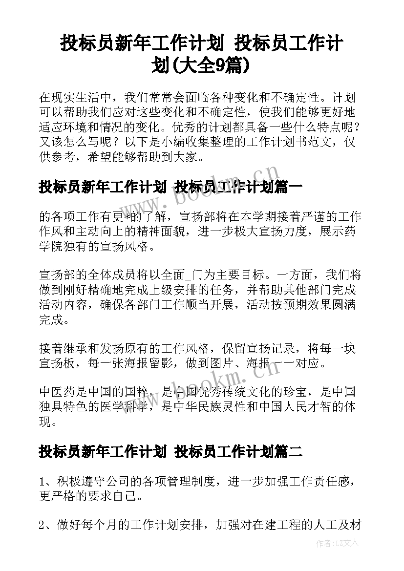 投标员新年工作计划 投标员工作计划(大全9篇)