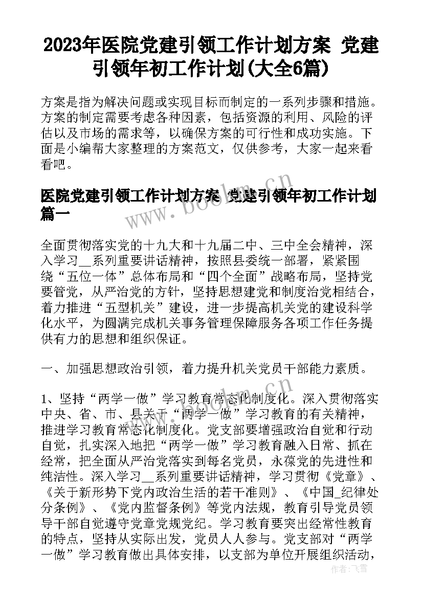 2023年医院党建引领工作计划方案 党建引领年初工作计划(大全6篇)