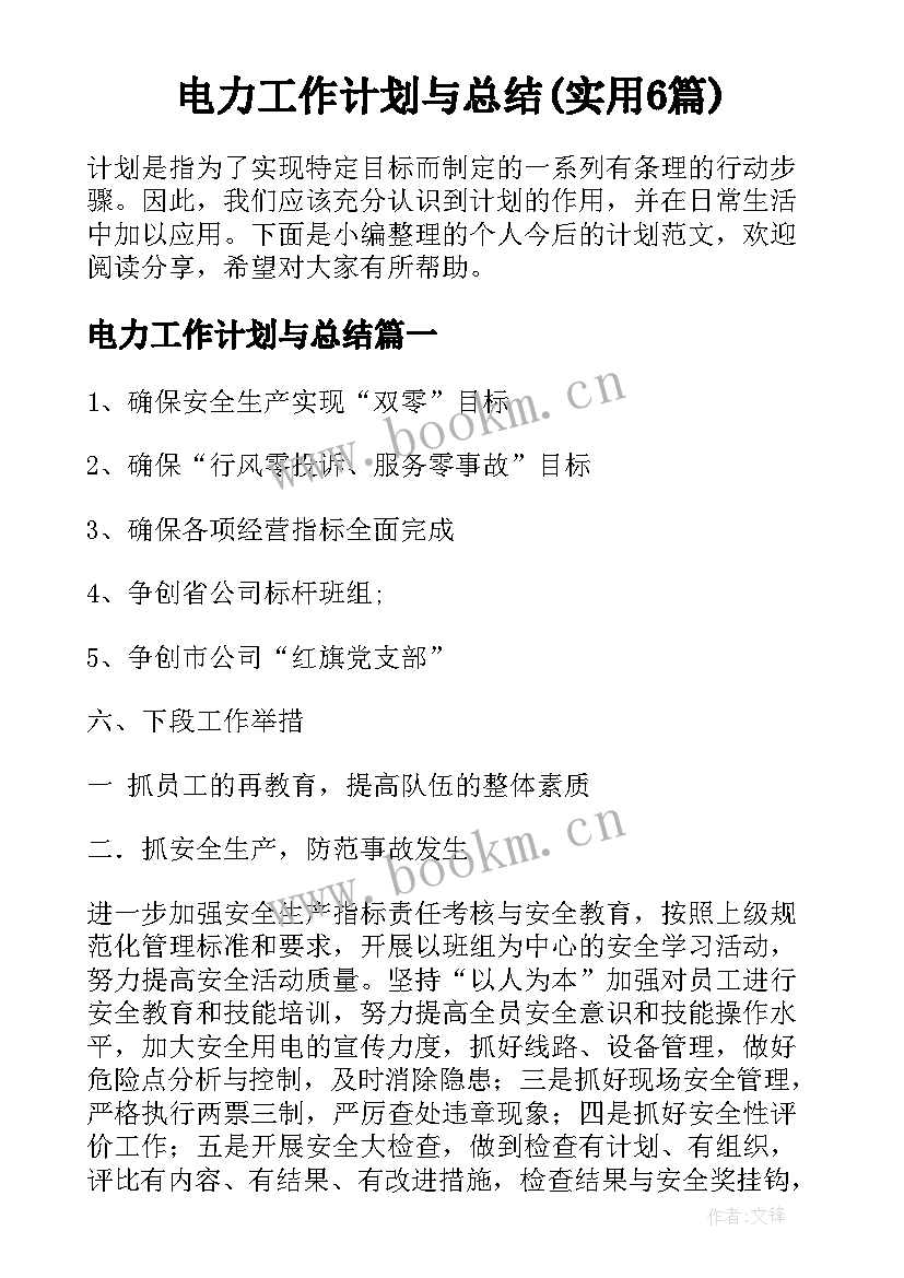 电力工作计划与总结(实用6篇)