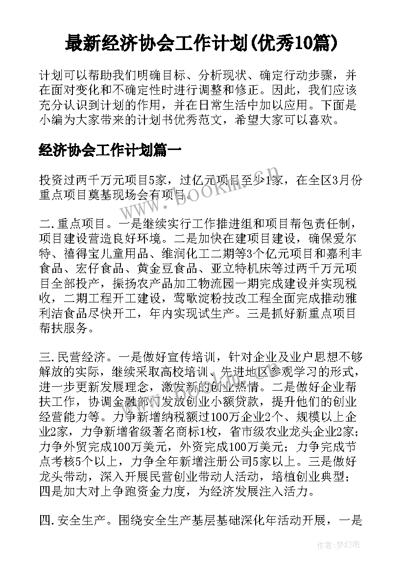 最新经济协会工作计划(优秀10篇)