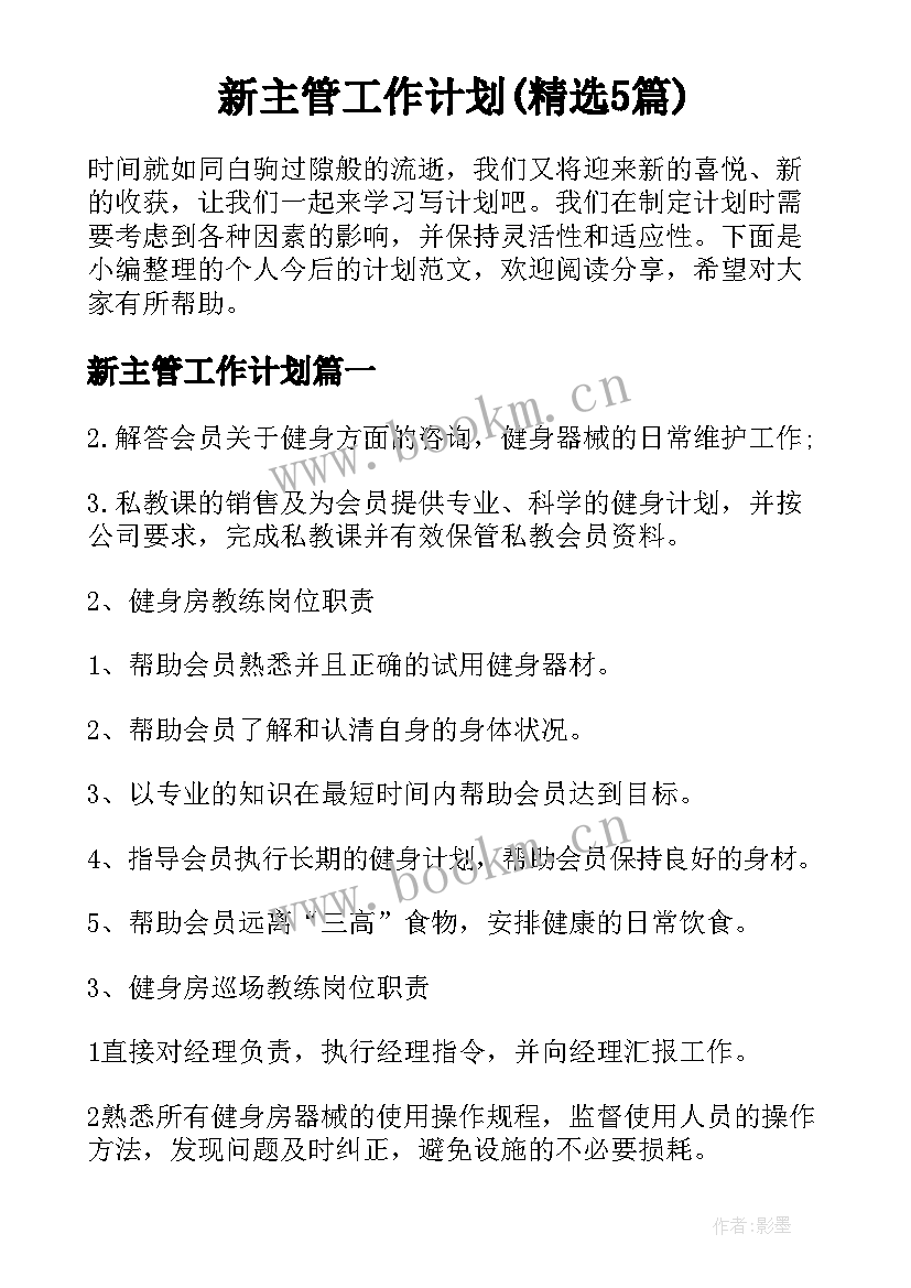 新主管工作计划(精选5篇)