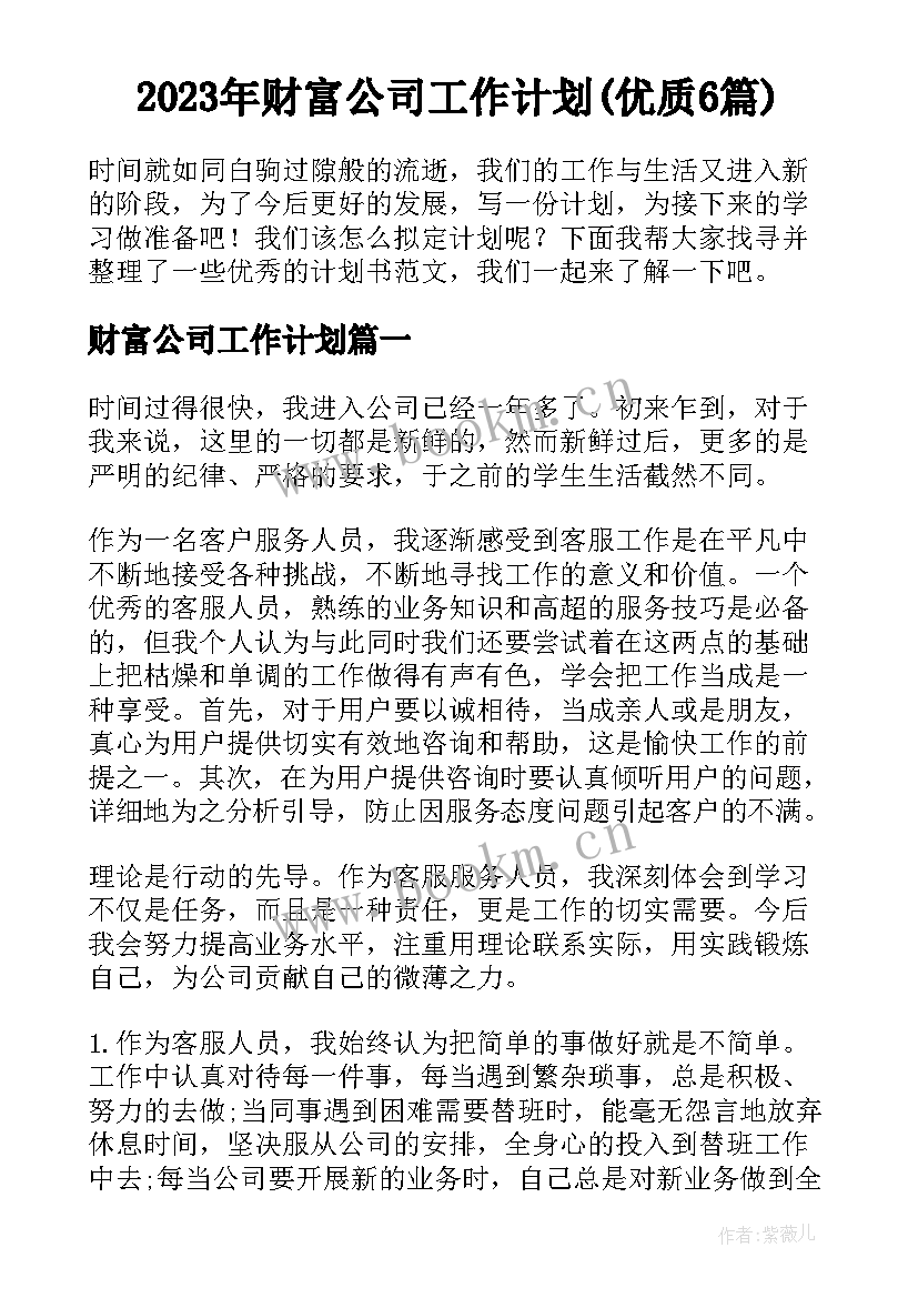 2023年财富公司工作计划(优质6篇)