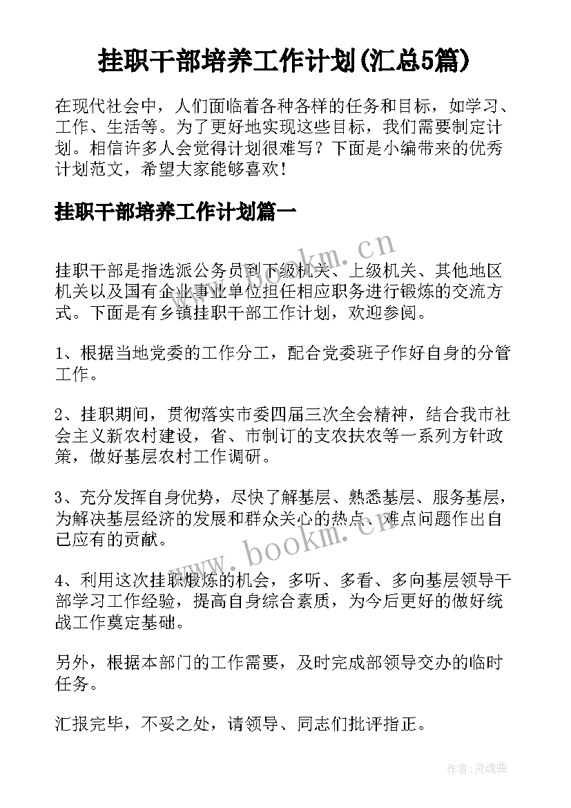 挂职干部培养工作计划(汇总5篇)