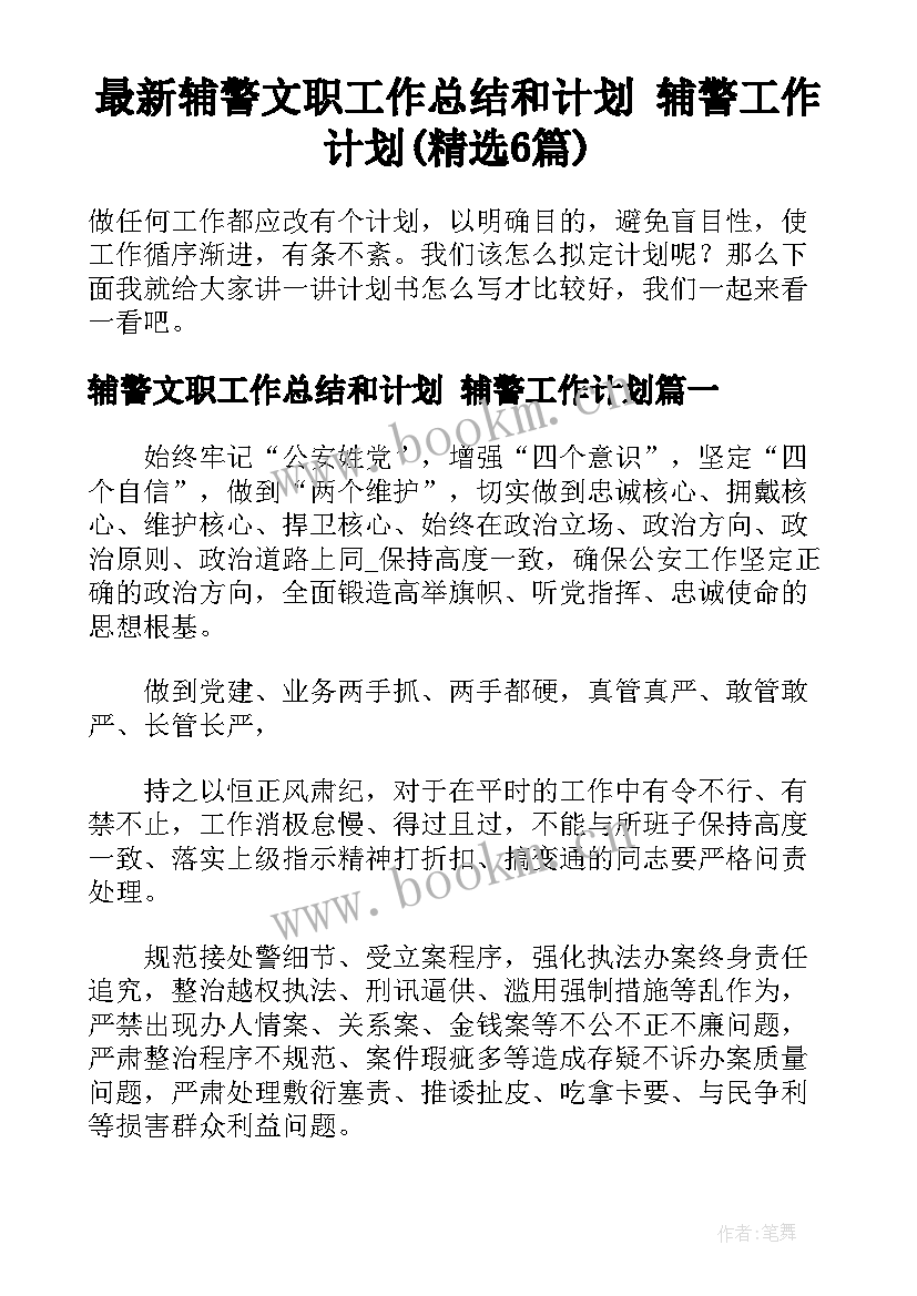 最新辅警文职工作总结和计划 辅警工作计划(精选6篇)