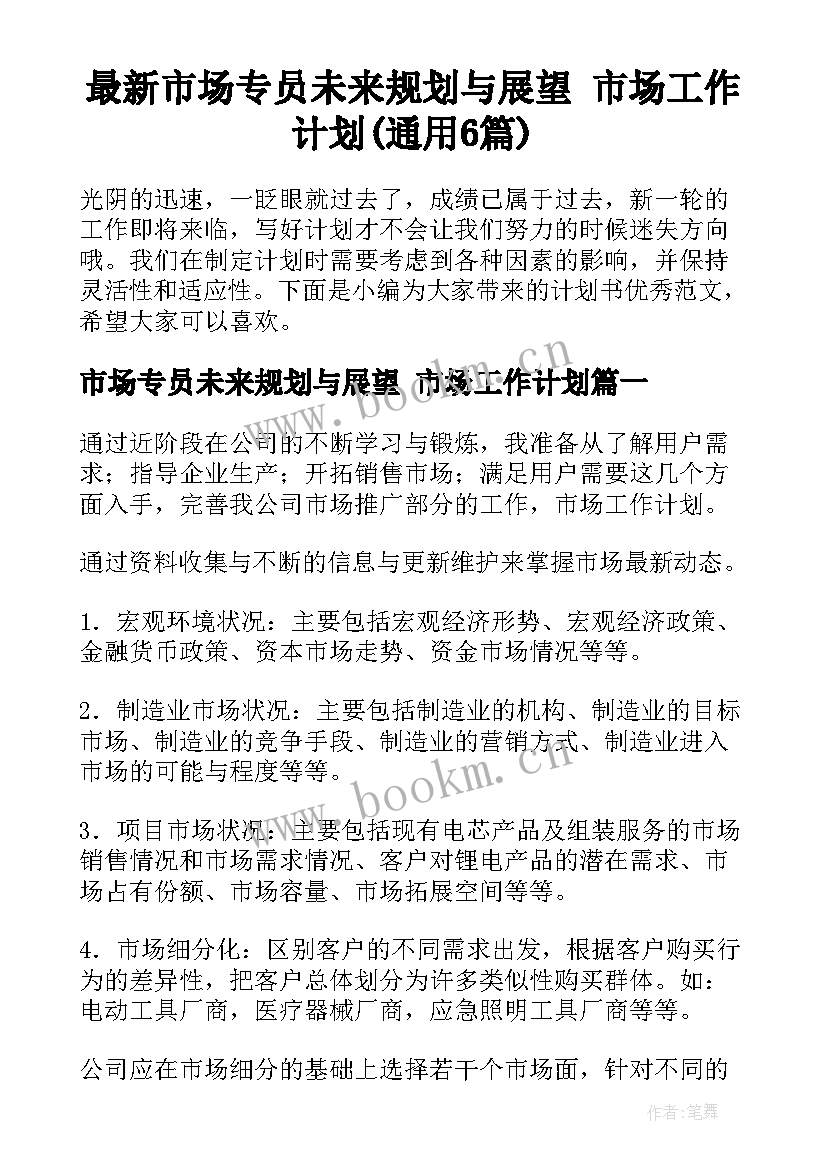 最新市场专员未来规划与展望 市场工作计划(通用6篇)