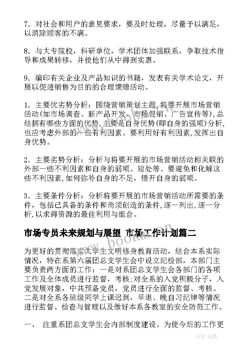 最新市场专员未来规划与展望 市场工作计划(通用6篇)