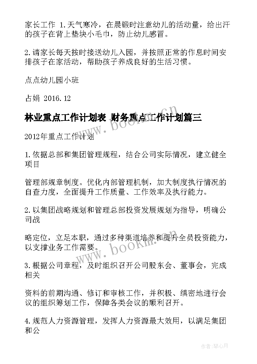 2023年林业重点工作计划表 财务重点工作计划(通用10篇)