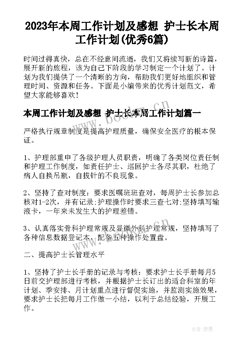 2023年本周工作计划及感想 护士长本周工作计划(优秀6篇)