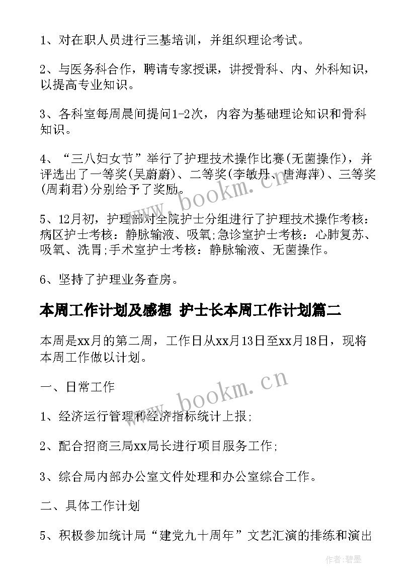 2023年本周工作计划及感想 护士长本周工作计划(优秀6篇)