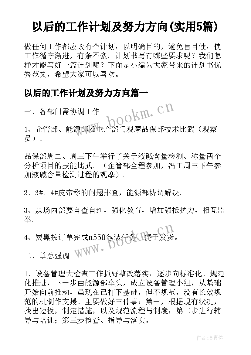 以后的工作计划及努力方向(实用5篇)