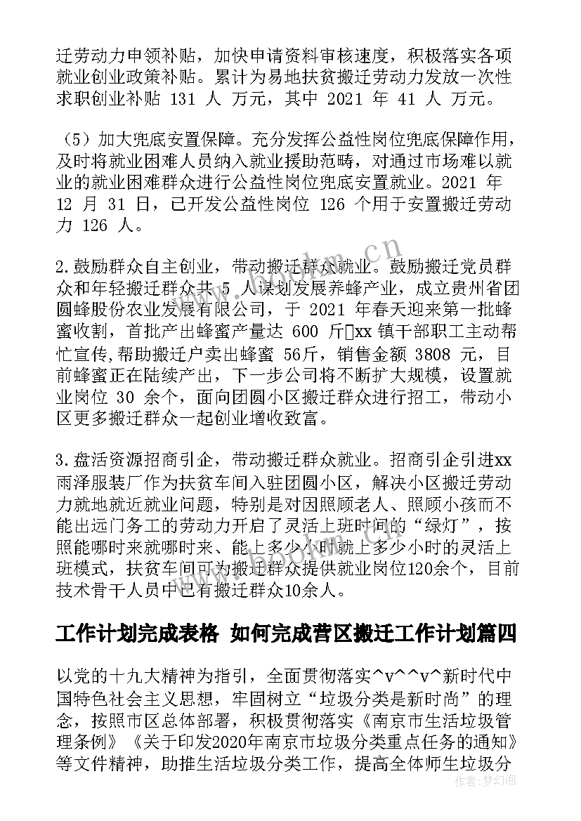 工作计划完成表格 如何完成营区搬迁工作计划(通用9篇)