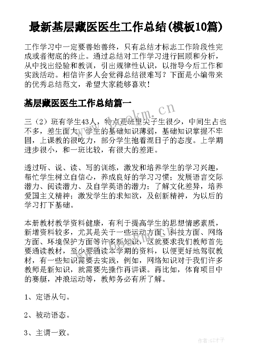 最新基层藏医医生工作总结(模板10篇)