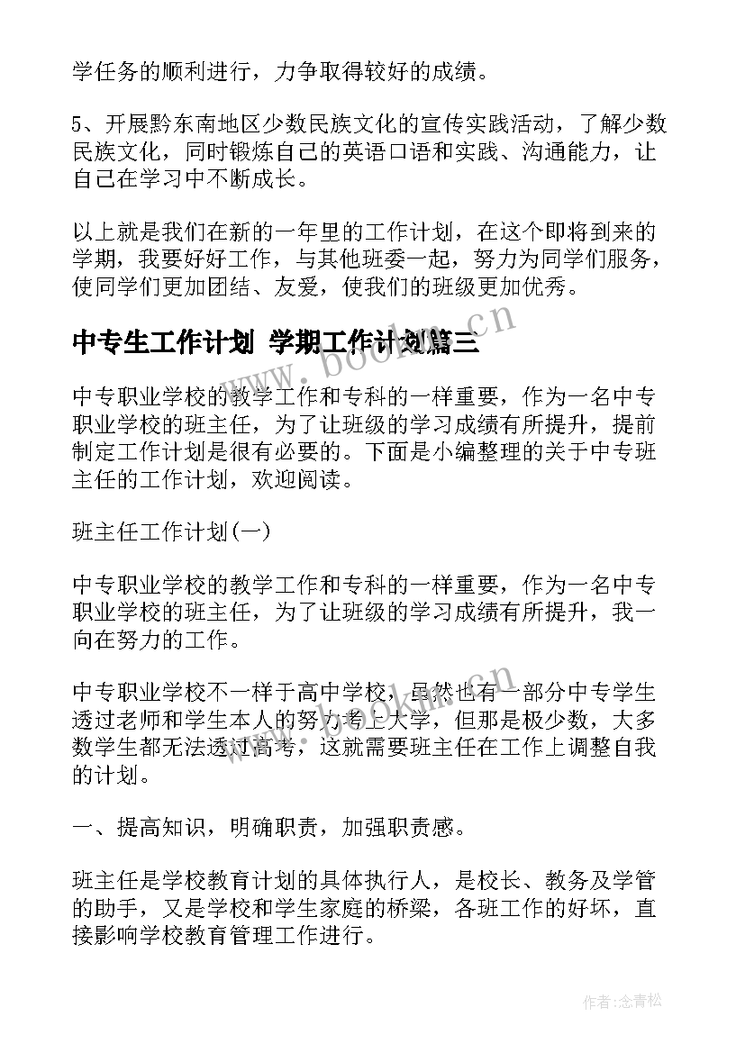 最新中专生工作计划 学期工作计划(模板8篇)