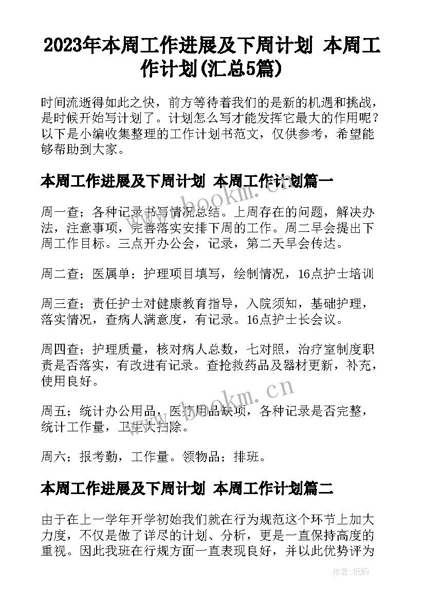 2023年本周工作进展及下周计划 本周工作计划(汇总5篇)