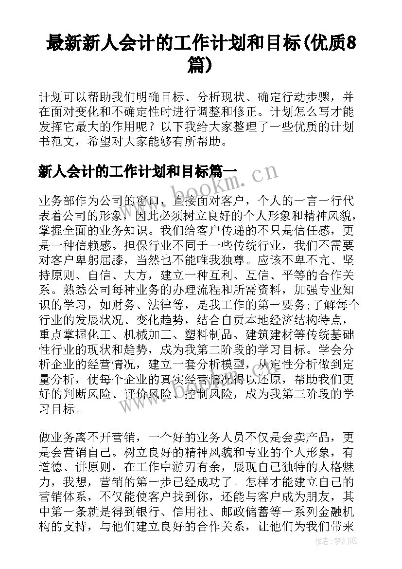 最新新人会计的工作计划和目标(优质8篇)